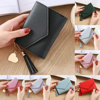 

Women Tassel Heart Pendant Leather Short Wallet Cash Card Holder Purse Bag