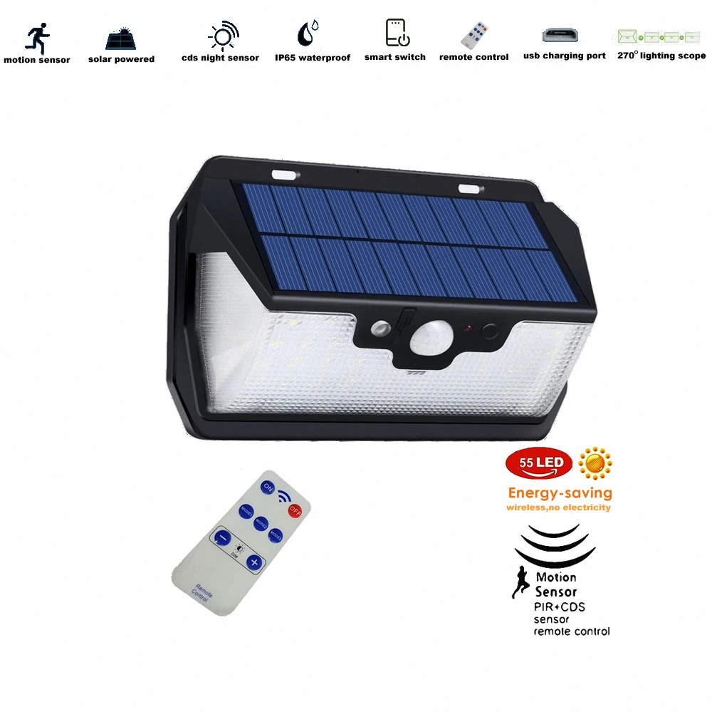 

3pcs/lot 55 leds Solar light remote control radar 3 side lighting usb port Wall Lamp Outdoor Garden Yard Emergency Security pati