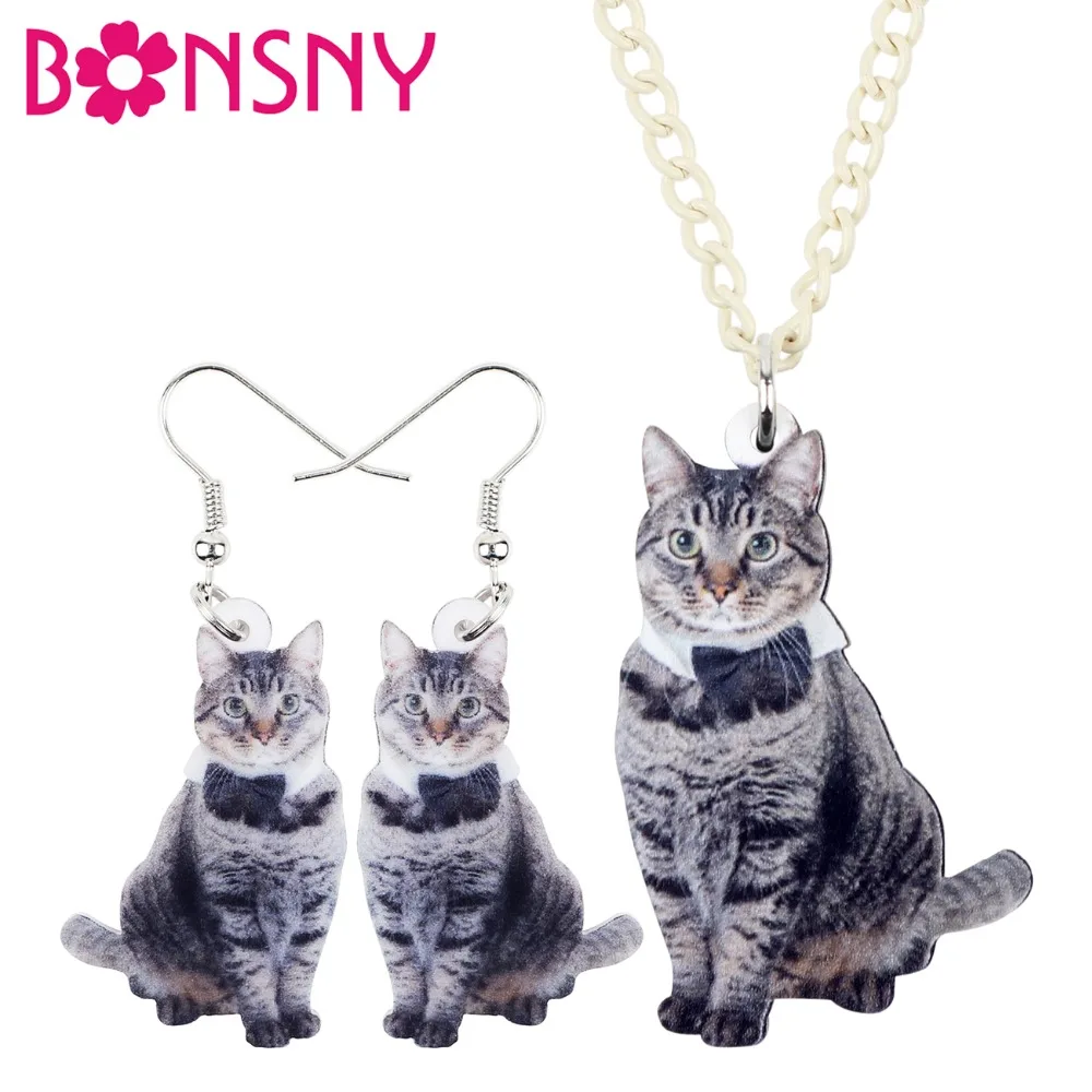 

Bonsny Statement Acrylic Bowknot Grey Cat Kitten Earrings Necklace Chain Collar Trendy Animal Jewelry Sets For Women Girls Pets