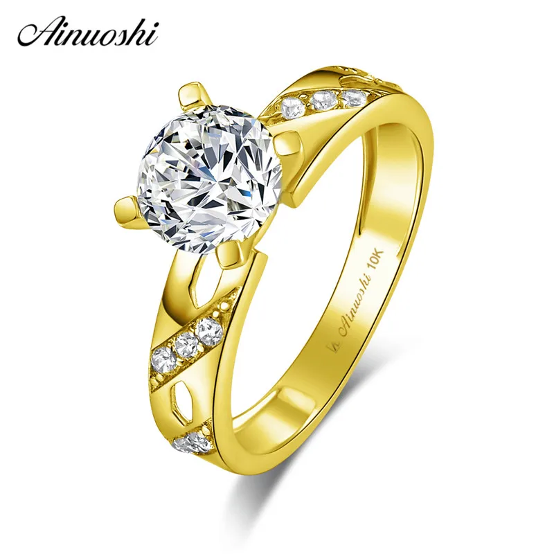 

AINUOSHI 10k Solid Yellow Gold Ring 4 Prongs 1.25 ct Round Cut SONA Diamond Wedding Engagement Bridal Ring Sides Stripes Bands