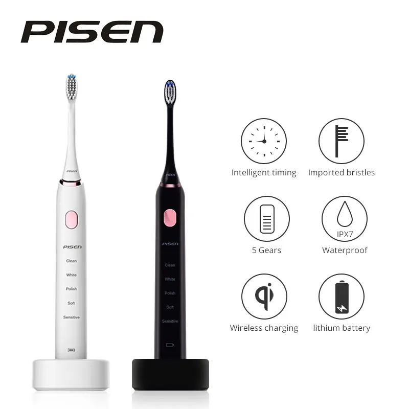 

PISEN toothbrush with 2 heads teeth USB Rechargeable Waterproof Wireless Automatic Ultrasonic Toothbrush Teeth Brushes for Clean