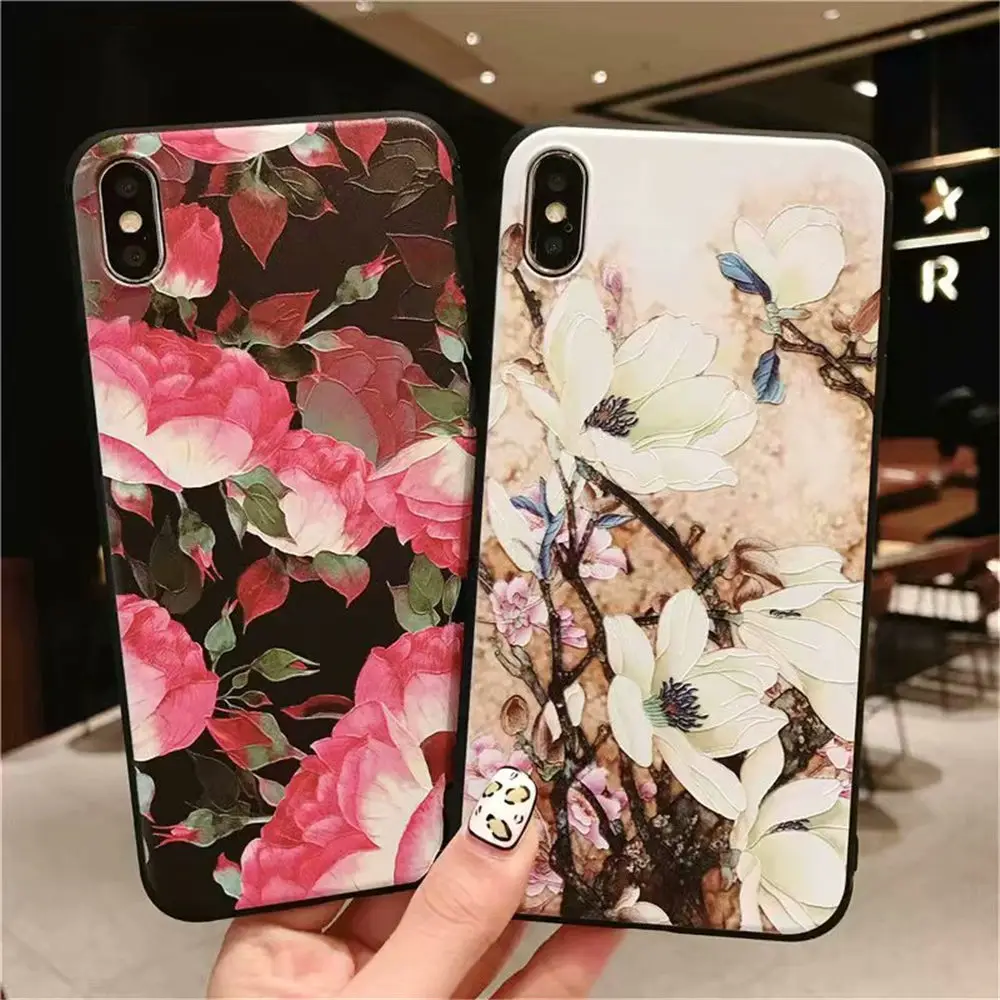 3D Relief Flower Case For iphone XS Max X 7 8 Plus Case Silicone Cover