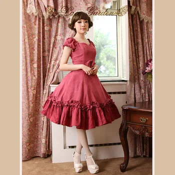 

Vintage Lolita Palace elegant Hepburn Dark pink Flounced bow ball gown ladies short sleeve princess dress Simple And Elegant