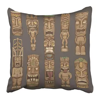 

Throw Pillow Covers Inches Brown Mask Collection of Wooden Tiki Idols Beautiful Color Totem Hawaiian Tribe Pillow Case Cushion