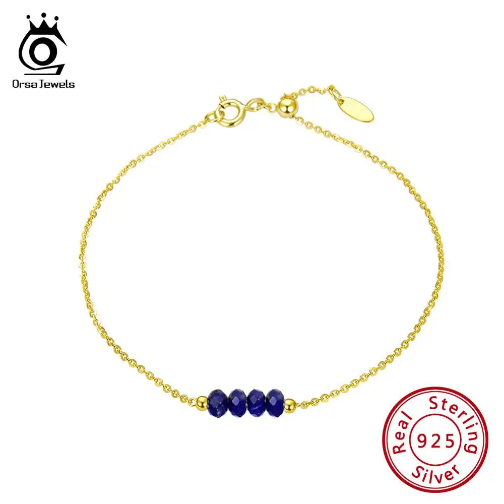 

ORSA JEWELS Real 925 Natural Lapis Lazuli Bracelet With 18K Gold Sterling Silver Chain Dating Collocation Fine Jewelry SB44-L