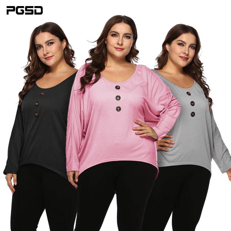 

PGSDAutumn Simple pure color Big Plus size women clothes Loose bat sleeve Long sleeve Button decoration T-shirt female Basic 5XL