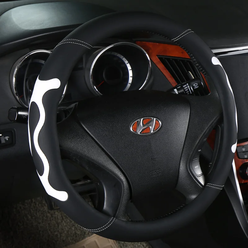 

KKYSYELVA Stering-wheel Black leather car steering wheel cover 38cm Wheel Cover Steering wheel covers Interior Accessories