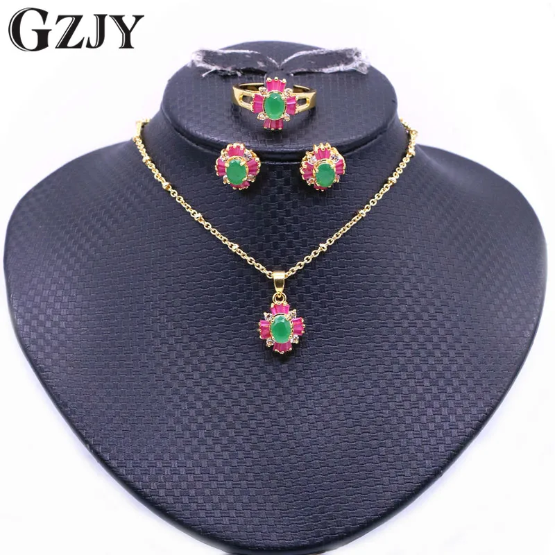 

GZJY Fashion Yellow Pure Gold Color Zircon Corss Ring Pendant Necklace Earrings Jewelry Sets For Women Wedding Party Jewelry