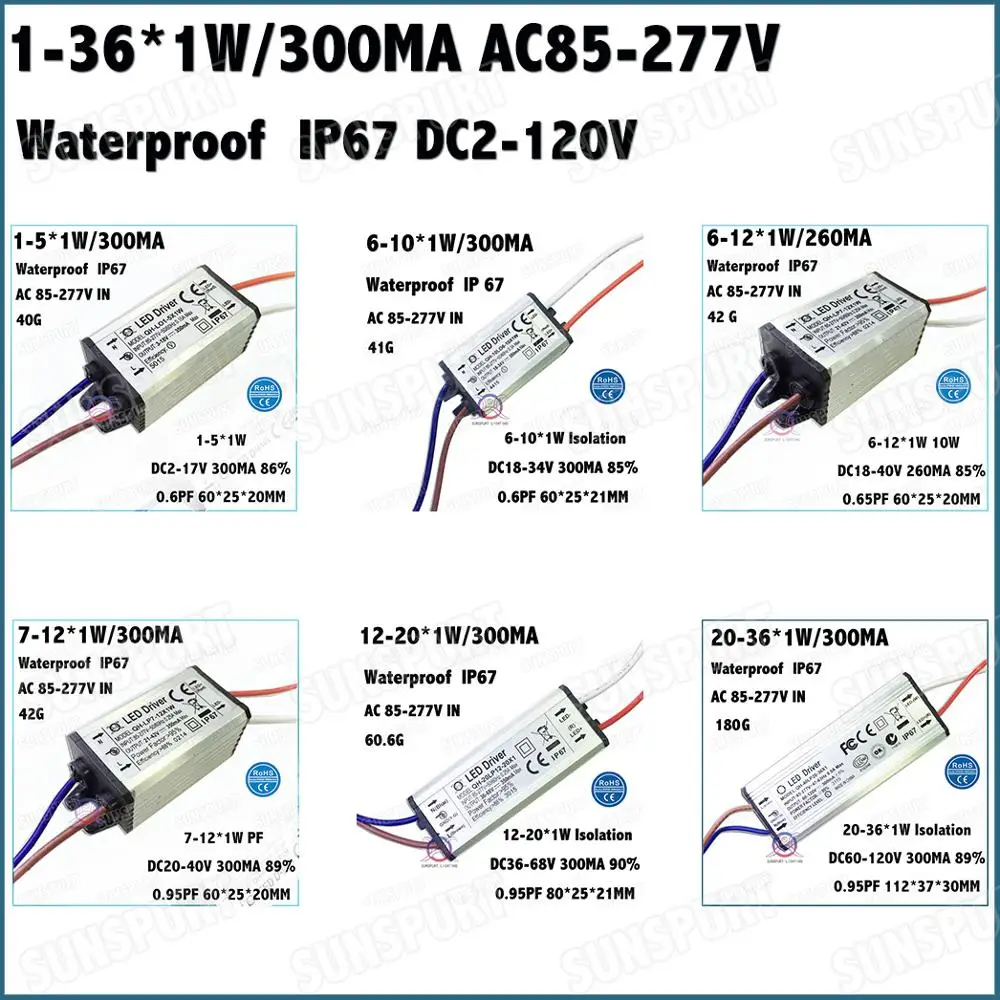 Waterproof PFC 1 36W AC85 277V LED Driver 1 5x1W 6 10x1W 7 12x1W 12