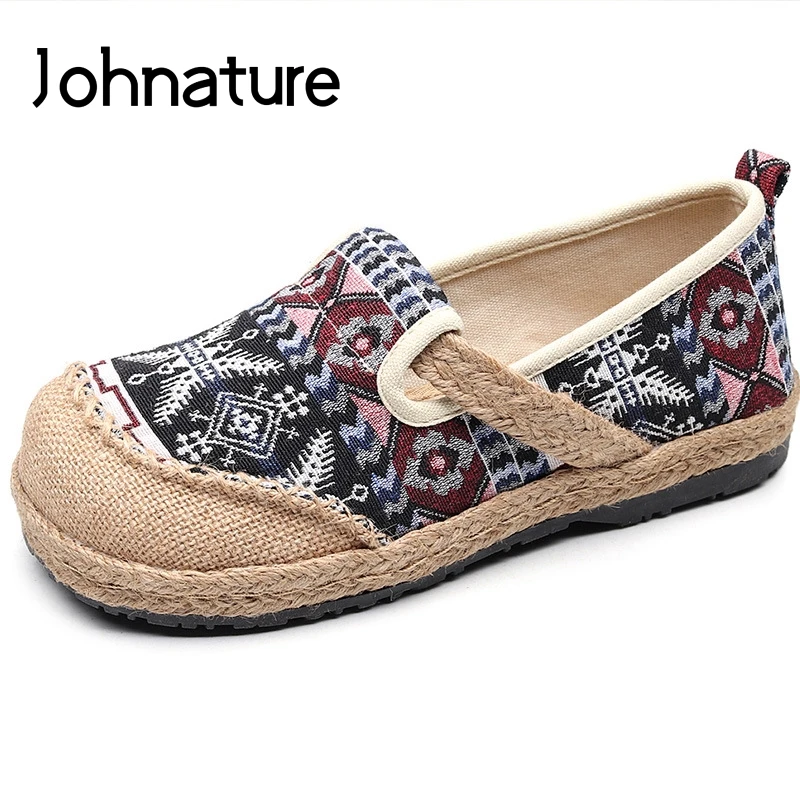 

Johnature 2019 New Handmade Spring/autumn Retro Round Toe Breathable Sewing Shallow Woman Flat Linen cotton shoes Fisherman