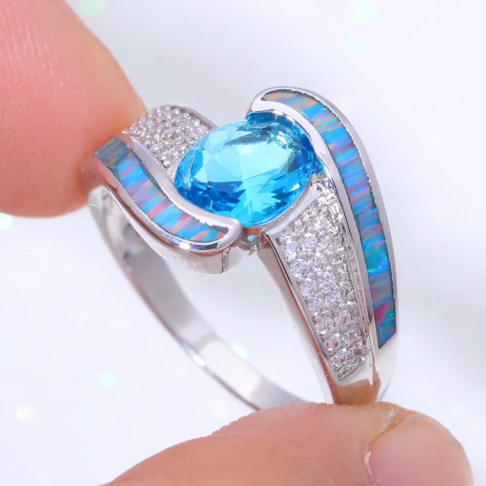 CiNily Created Rainbow Fire Opal Blue Stone Cubic Zirconia Silver Plated Wholesale HOT for Women Jewelry Ring Size 6-9 OJ9257