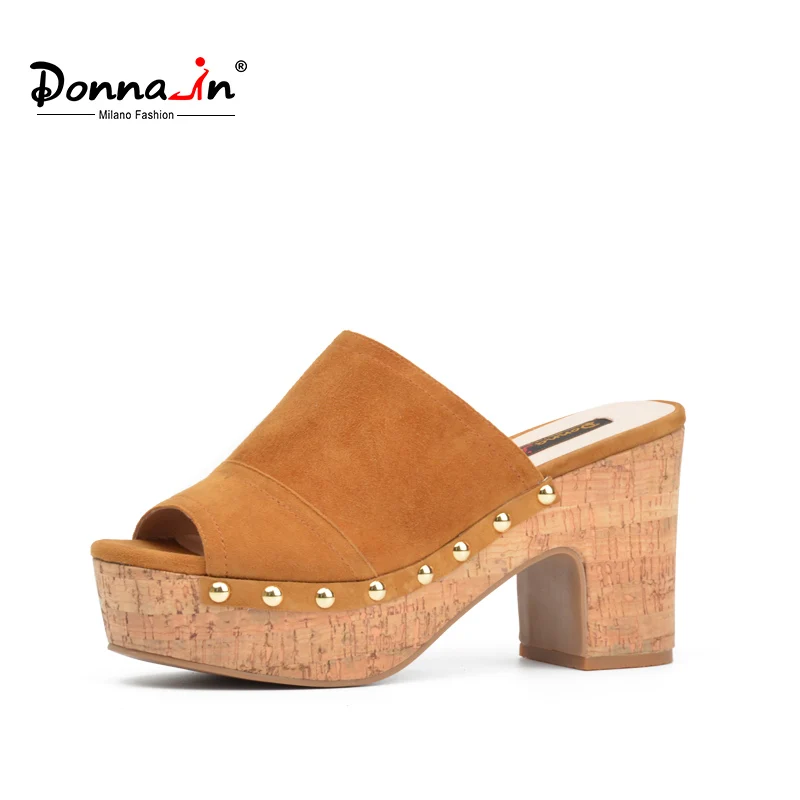 

Donna-in 2019 Summer New Genuine Leather Women Slippers Platform High Heels Shoes Fashion Slides Natural Suede Sandals for Woman