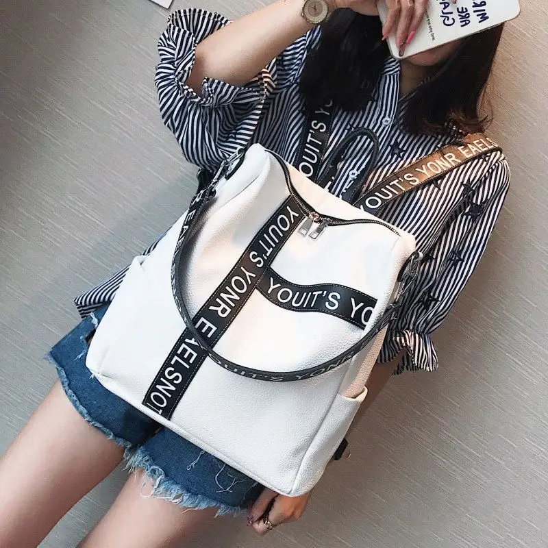 

Harajuku White Female Backpacks Bolso Print Letter PU Soft Handle Shoulder Bags High Capacity Birthday Gift Knapsack Bolso