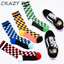 Сумасшедшие FLY Для Мужчин's Happy Socks Полосатый плед алмаз Геометрия Burger французский унисекс хлопок Calcetines Largos Hombre влюбленных подарок