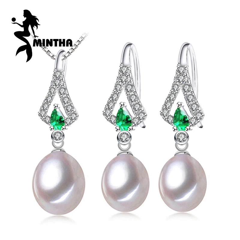 

MINTHA Pearl Jewelry Sets,Pearl Pendant Necklace Earrings For Women,fine engagement ring Leaves Emerald leaf big earrings set