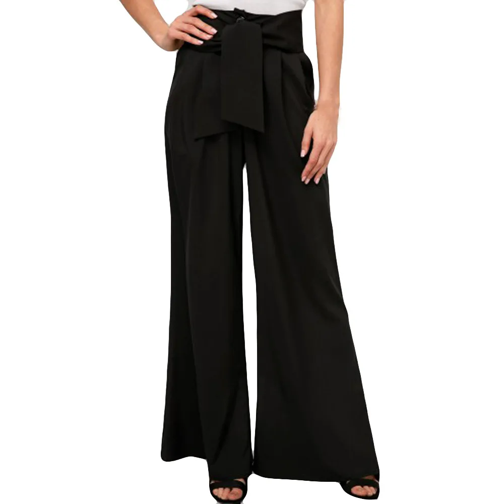 

Feitong Women Pants Bow Tie Waist Pocket Solid Casual Broad Leg Pants Bootcut Pants Summer Loose Female Trousers Ladies Pants
