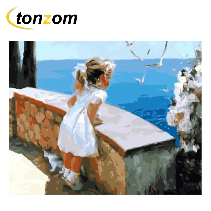 

RIHE Girl Watches Sea Drawing By Numbers DIY Cat Painting Handwork On Canvas Oil Painting Wall Art Coloring Home Decor 2018