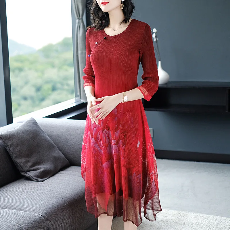 Del Il Pulsante Maniche Pieghe red Stampato Di Più Miyake Dell'annata Blue Vestito Per Peso Delle 3 Black Autunno 4575 Donne Formato Kg 4 navy Metà Polpaccio Le OTwiuPlkXZ