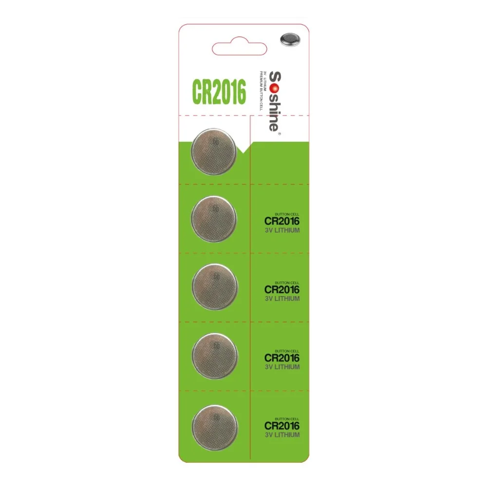 5 шт./упак. SOSHINE CR2016 75mAh кнопочный литий-ионный аккумулятор 3v(1 упаковка из 5) для часов/игрушек/калькулятор