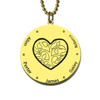 

Wholesale Custom Family Tree Necklace Gold Color Engraved Kids Name Disc Pendant Family In My Heart Mother Necklace