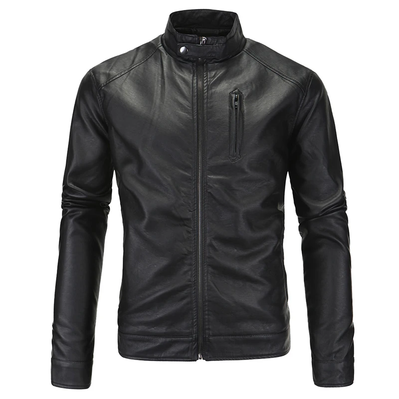 ПУ кожаная куртка для мужчин Slim Fit пальто стойка воротник молния 2019 весна осень куртки сплошной