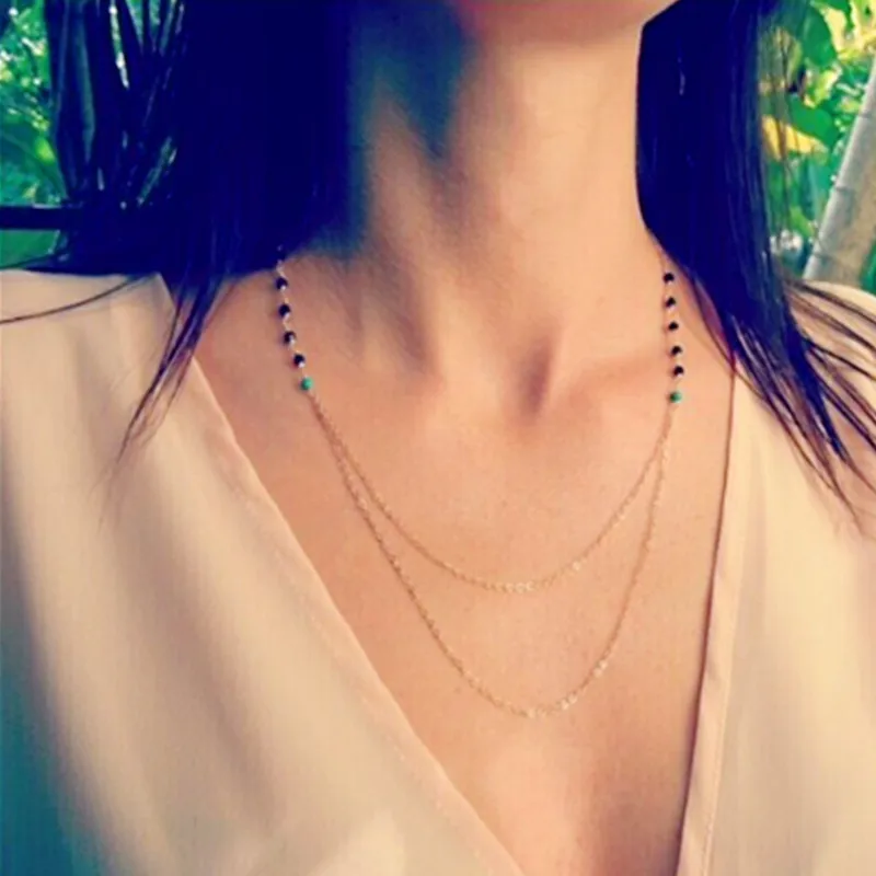 New Hot Double layer bead Necklace Layered Simple Clavicle Chains Charm Womens Fashion Jewelry |