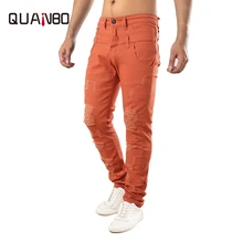 Quanbo фирменные мужские Узкие рваные джинсы Normcore/минималистичные джинсовые штаны, мужские джинсовые штаны, эластичные оранжевые джинсы