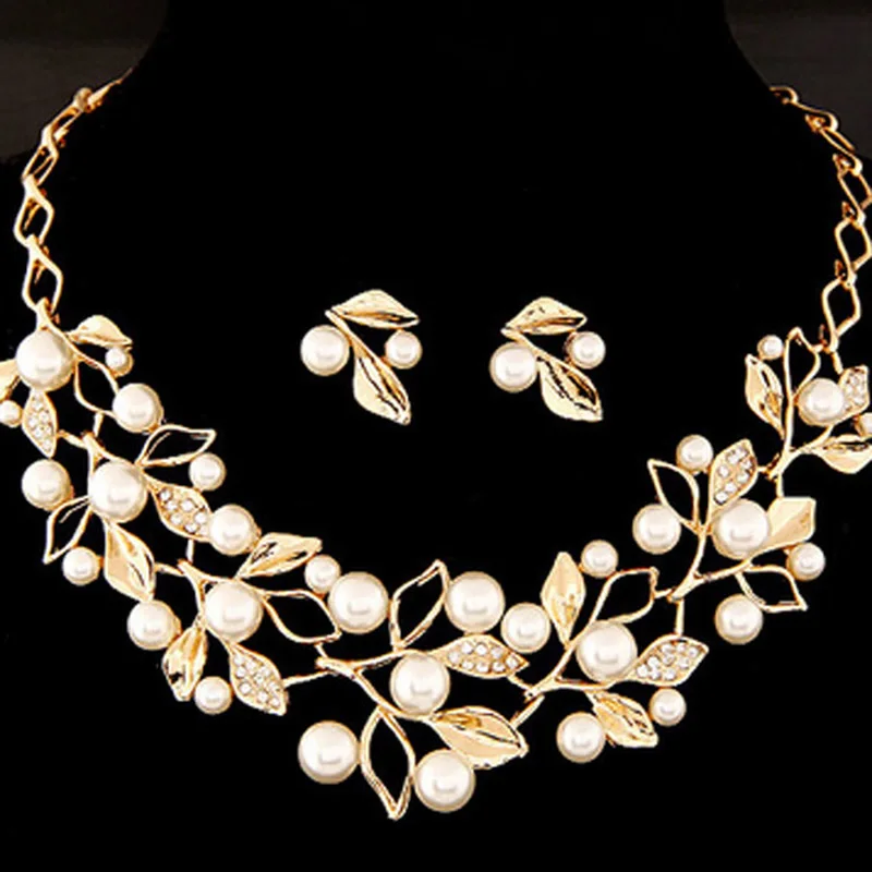 

Wedding Necklaces Sets Earrings for Women Imitation Pearl Choker Necklace Stud Earrings Foliage Gold Pearl Jewelry
