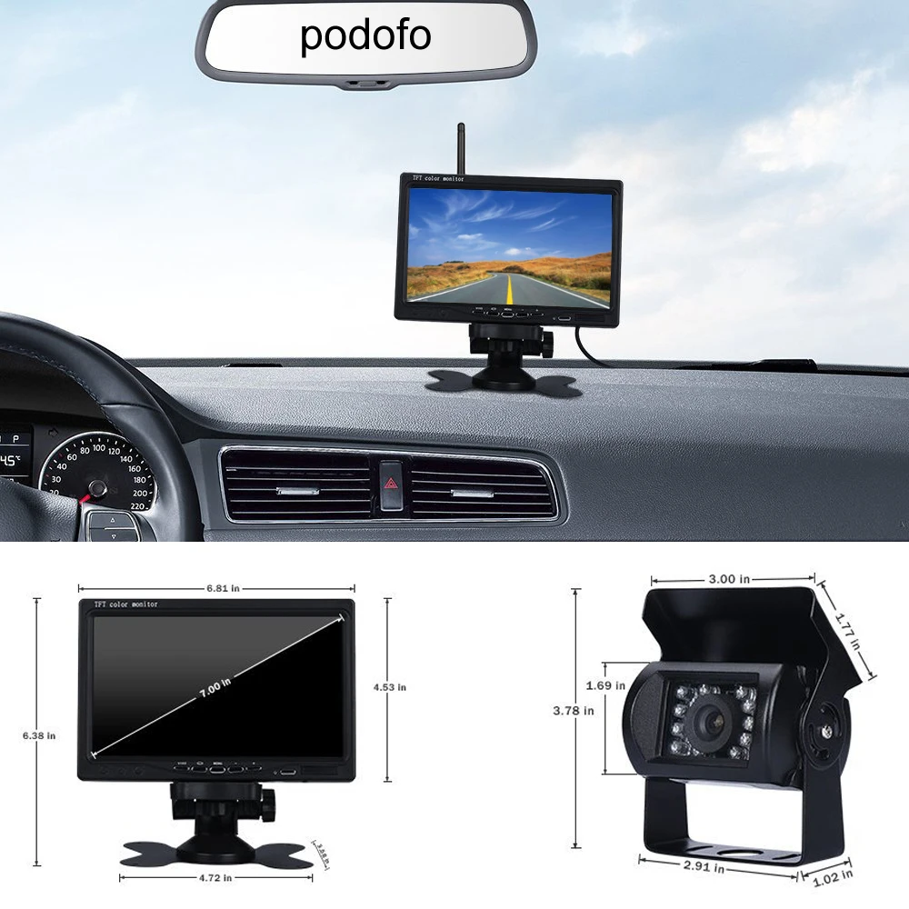 Podofo 12V 24V Беспроводная 7 &quotHD TFT LCD Автомобильная камера заднего вида монитор +