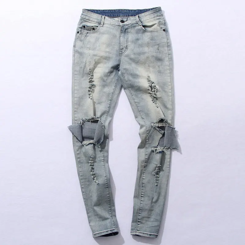 Прохладный Для мужчин s хип-хоп джинсы тощий карандаш Для мужчин джинсовые штаны уничтожено Проблемные Рваные джинсы с отверстиями для Для мужчин