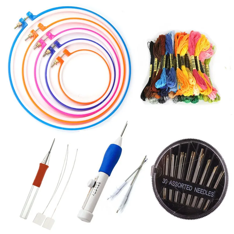 

Embroidery Tools Set 5pc Hoop 2pc Crochet Hook Punch Needle 30pcs Sewing Needles 24pcs Thread for Embroidery Cross Stitch