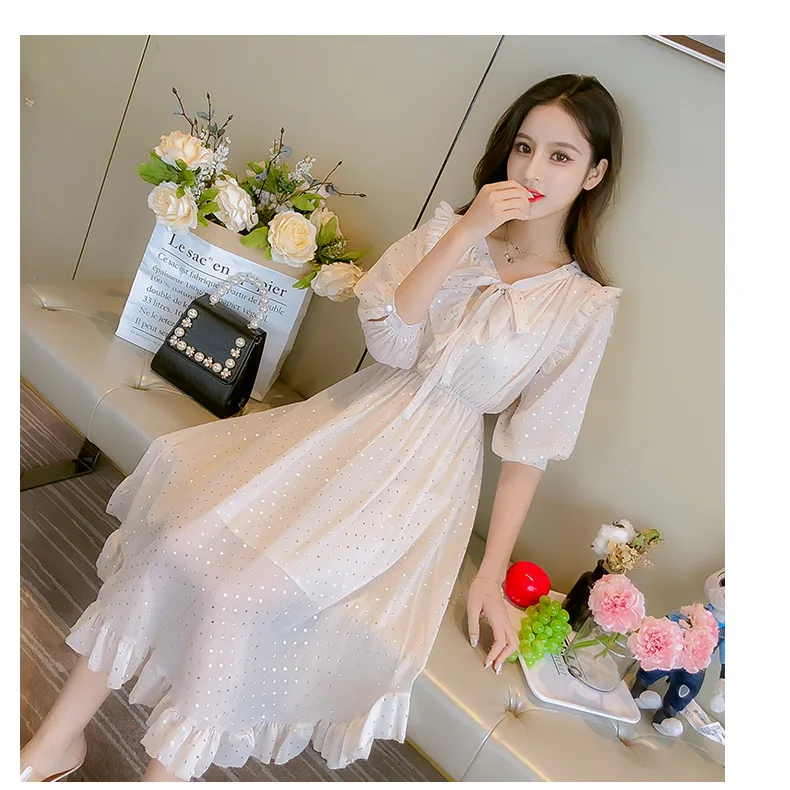 

Ins summer chic student slim fairy dress 2019 web celebrity style Korean style long v-neck dress