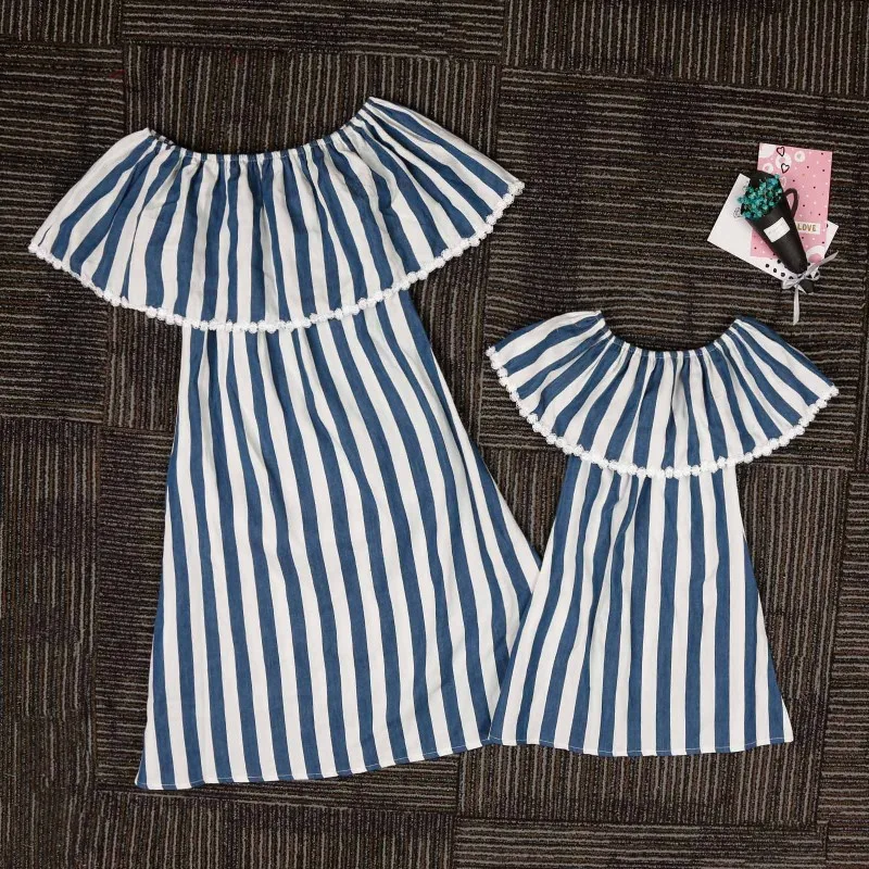 

2018 Mother Daughter Striped Dress Off Shoulder Ruffle Sleeve Dress for Best Friends Shirts Mom and Daughter Dress Family Look