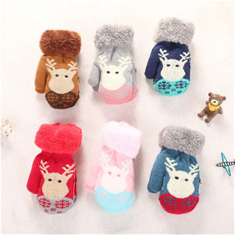 Baby Gloves Kids Mittens Baby Accessories Cartoon Deer Knit Flap Cover Gloves Toddler Thicken Patchwork Hot Winter Warm Gloves (1)