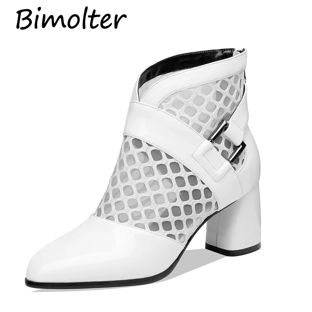 

Bimolter Women Ankle Patent Leather Boots Medal Dcor Short Boots of Mesh Net Leather Shoes Casual Comfort Footwear FC082