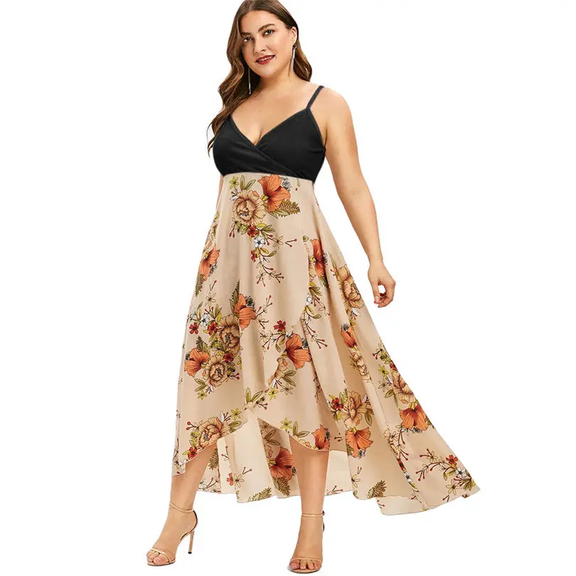 New Women Summer Plus Size V-neck Casual Bohemia Print  Sling Backless Swing Dress Holiday Fashion Party Dress Vestidos #4A30 (2)