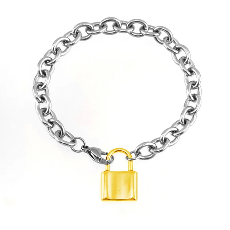 Браслет с замком из нержавеющей стали для женщин и мужчин квадратный висячий замок браслеты с подвесками Rolo 8 мм браслет с цепочкой - Окраска металла: gold