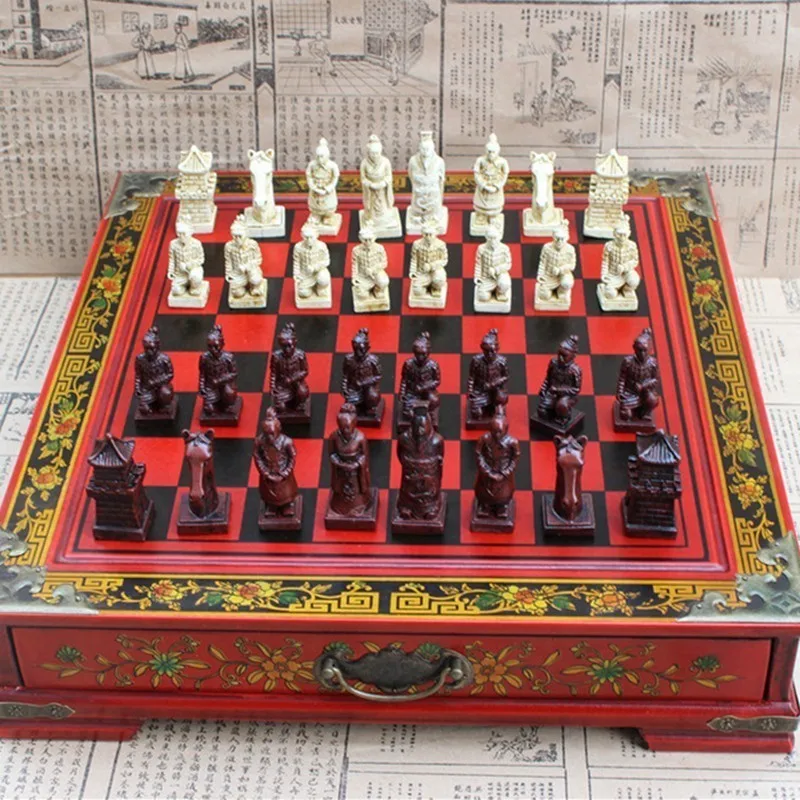 Hot Antique Chess Medium Desktop Stereo Chess Soldiers Resin Chess Pieces Wooden Board High Quality Gift Easytoday