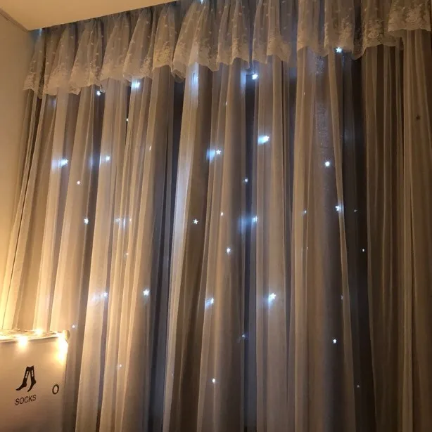 Romantic Stars Window Curtains for Living Room Bedroom Kids Room Wedding Lace Voile Tulle Curtain Double Layer Blackout Curtains