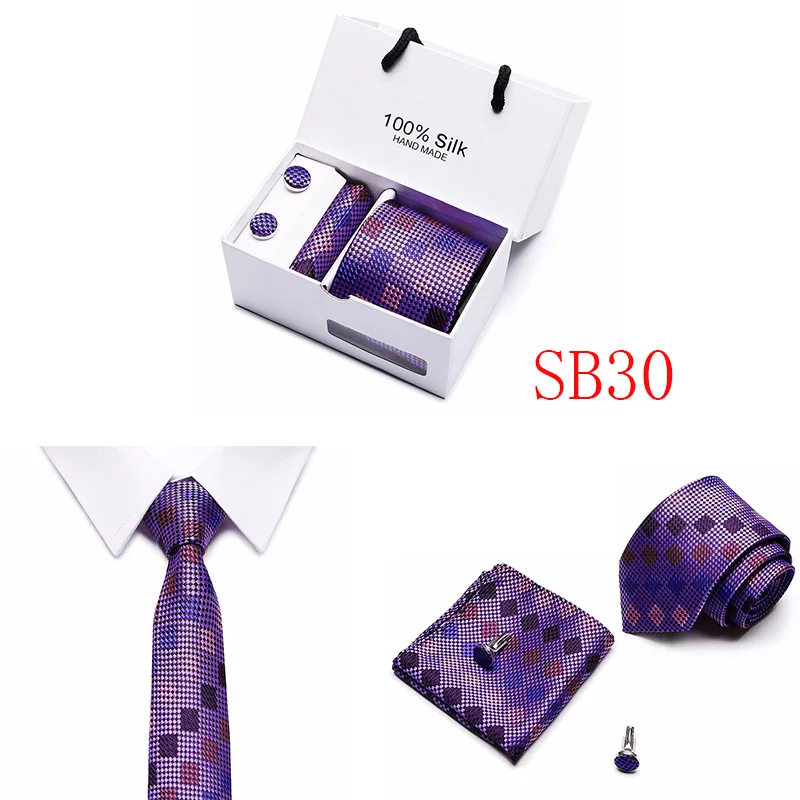 Подарочная коробка Для мужчин; классический галстук 100% шелк Новинка геометрические 30 стилей галстук, носовой платок, Запонки Наборы для