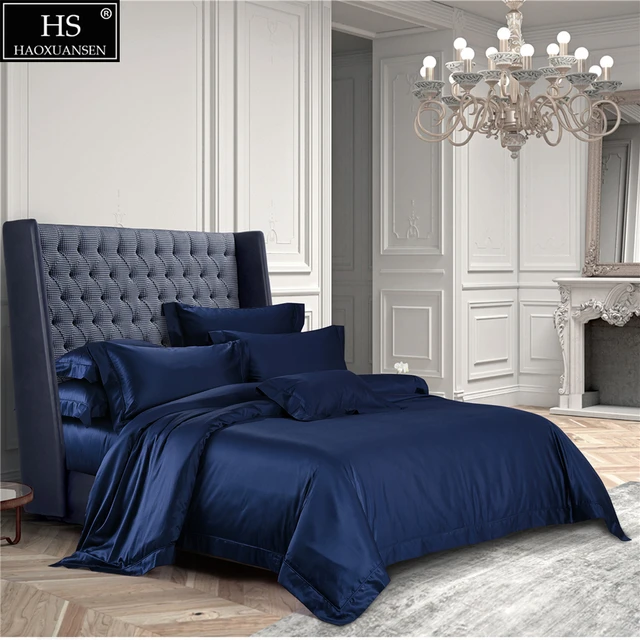 120S Egyptian Cotton Sapphire Blue Luxury Royal Bedding Set 4Pcs King