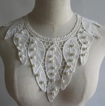 

Women's Korean Fashion pearl beaded white lace fake collar lady's leaf embroidery diy accessories Ties Detachable Collar R1014