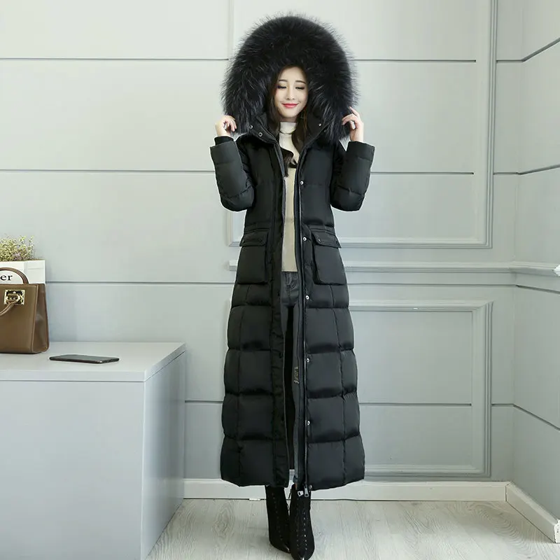 

Hooded Fur Collar X-Long Women's Down Jacket Thicken Winter Coat Women White Duck Down Jacket Black Warm Parka Overcoat C5037