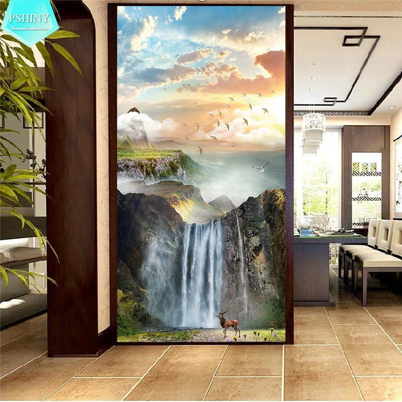 

PSHINY 5D DIY Diamond embroidery sale Alpine waterfall landscape Full Square rhinestone diamond Painting cross stich