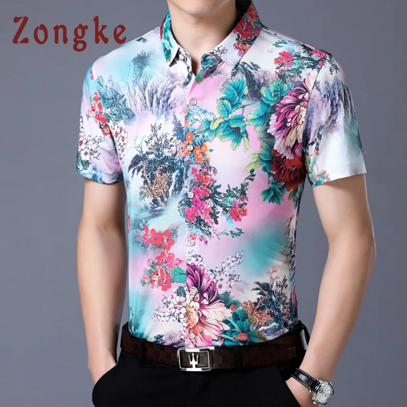 Zongke летние Мужская гавайская рубашка короткий рукав китайский стиль Мужская гавайская рубашка социальных для мужчин's рубашки для мальчиков цветочный однобортный