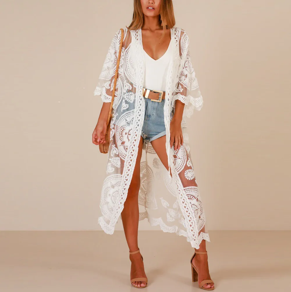 

Women Solid Cardigan Beachwear Long Blouse Beach White Lace Hollow Out Lace Half Sleeve Sunscreen Boho Blouse Clothing #628