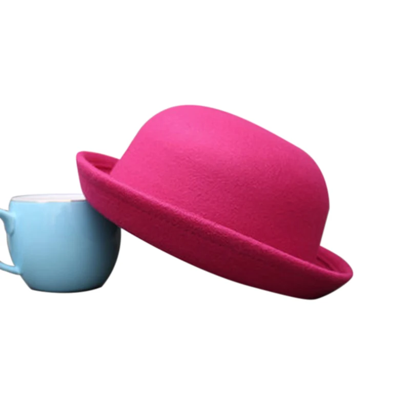 Puimentiua/ модные шляпы для маленьких девочек в розницу, детские шляпы, детские шляпы, войлочные шляпы, шерстяная шляпа-котелок для валяния - Цвет: kid rose red