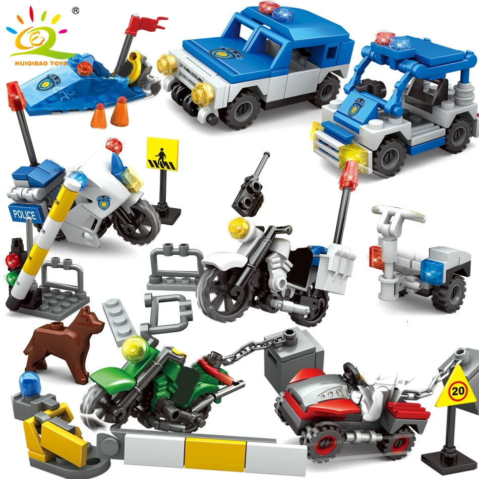 

HUIQIBAO TOYS 355pcs City Police Patrol Chase Building Blocks Cars Motorcycle Boat Truck For Children Policeman Bricks