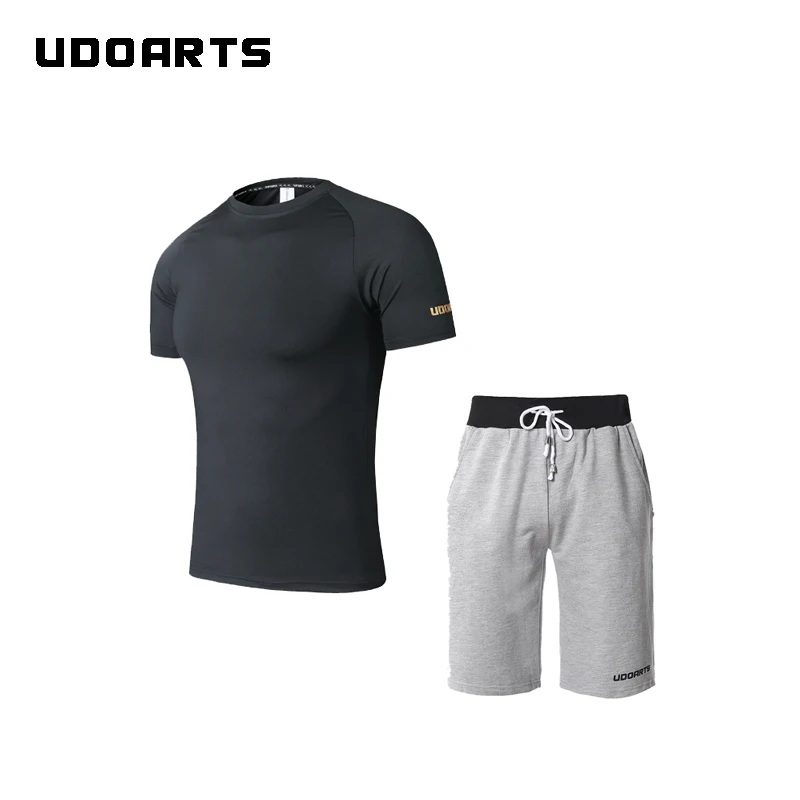 

Udoarts Compression Round-Neck Shirt and 100% Cotton Gray Shorts- Fitness Yoga Running Training Suit for Men