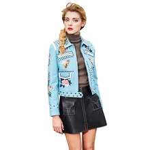 Europe Style Fashion New Women’s Spring Jacket Rivet Embroidery Leather Jacket Basic Bomber Motorcycle Really Sheepskin Jacket